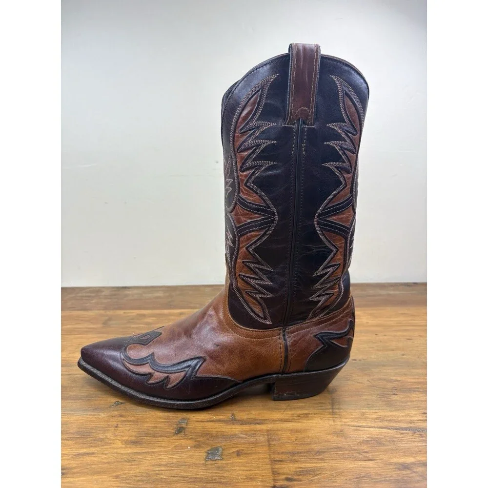 Vtg. Code West Two Tone Leather Flame Inlay Cowboy Boots Mens 10 M USA Western